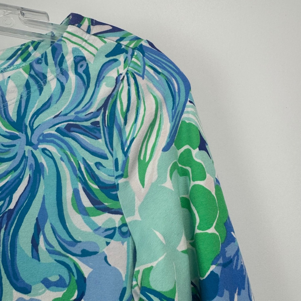 Lilly Pulitzer XL 12-14 Floral Ruffle Sleeve Shift Dress Blue Green Pink Jersey - Picture 8 of 12